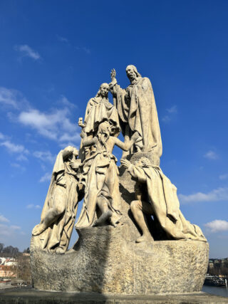 Baroque stone statue of saint Cyril and Method on the Charles Bridge of Prague